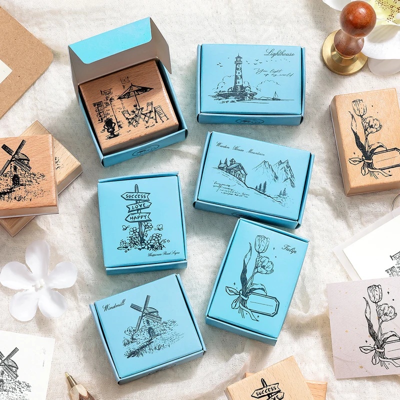 Scrapbooking - Vintage-Holzstempel mit Gummigravur, Retro-Landschaft, Leuchtturm, Blumenmuster